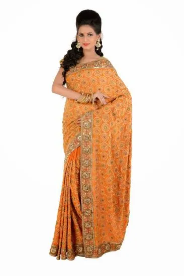 Picture of indian designer zari border mustard bollywood sari geo,