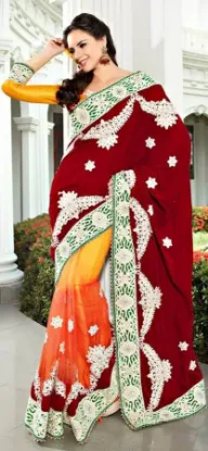 Picture of indian designer zari border work peach bollywood sari ,