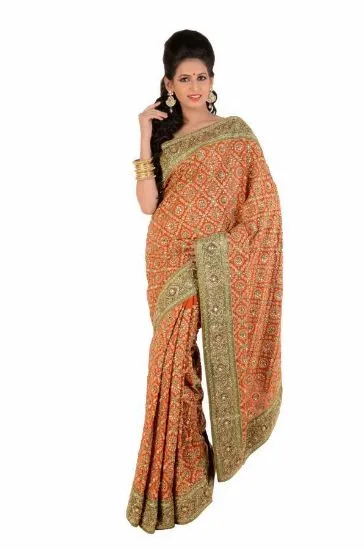 Picture of indian embroidered saree handmade orange silk blend fab