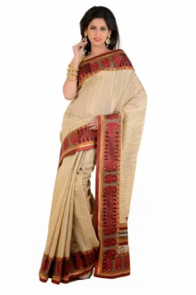 Picture of indian handmade 100% silk beige abstract printed saree 