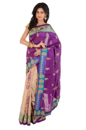 Picture of indian handmade 100% silk beige saree floral printed et