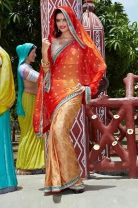 Picture of heavy handmade indian saree red color art silk sari wea