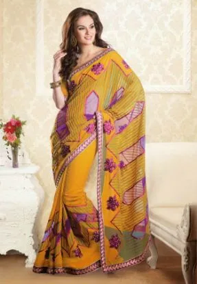 Picture of indian beige designer embroidered border bollywood sari