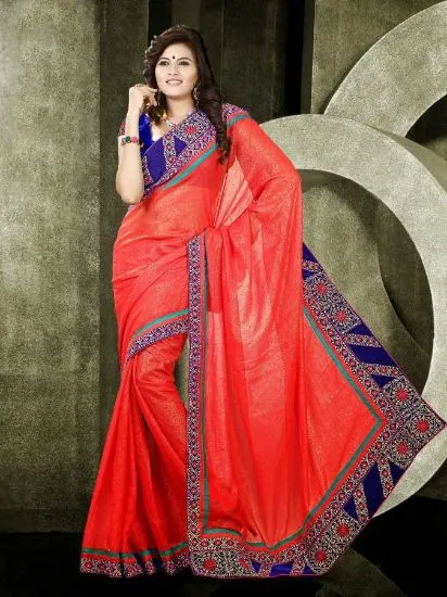 Picture of indian designer banarasi saree with contrast blouse and