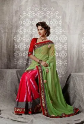 Picture of om handmade sari art silk embroidered thread work green