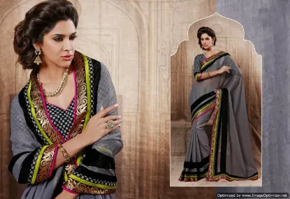 Picture of orange designer printed border bollywood style sari ge,