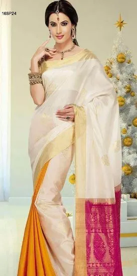 Picture of ivory women's clothings soft silk sarees full jari gran