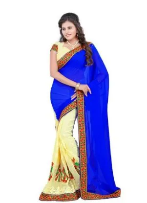 Picture of indiandesigner blue beige zari jacquard work sari banar