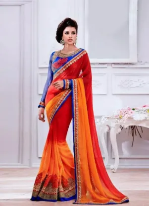 Picture of red designer jacquard border bollywood style sari banar