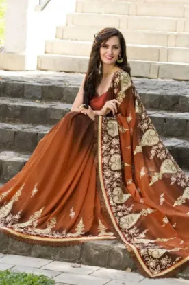 Picture of red designer modest maxi gown art silk sari wedding wea