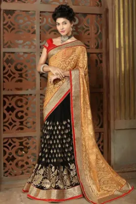 Picture of handmade indian brown saree abstract printed pure silk 