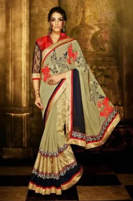 Picture of handmade indian leaf printed saree beige recycled fabri