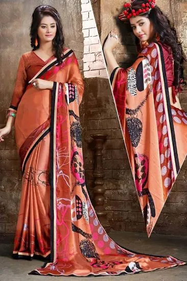 Picture of handmade indian orange silk saree floral printed batik 