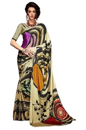 Picture of handmade indian sari pure silk beige floral printed cra