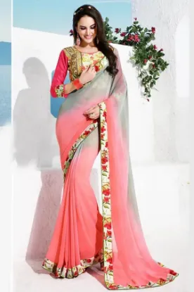 Picture of handmade orange floral printed 100% silk saree dress ma
