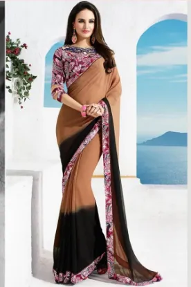 Picture of handmade orange sari silk blend women wear dress printe