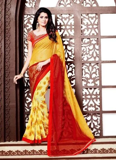 Picture of handmade style maroon sari party wear embroidered dress
