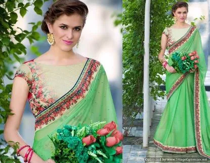 Picture of designer bollywood style indian sari greenembroidered ,