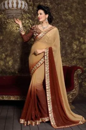 Picture of designer orange embroidered border bollywood sari geor,
