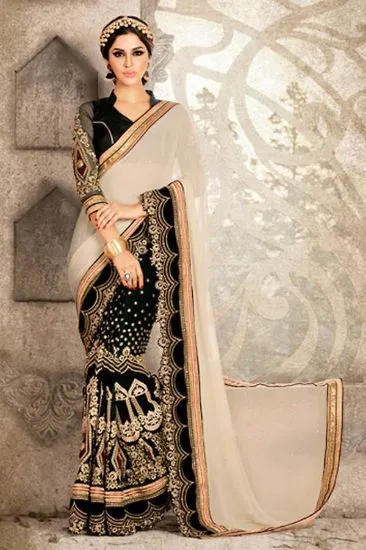 Picture of designer pink beige embroidered half half sari banaras,