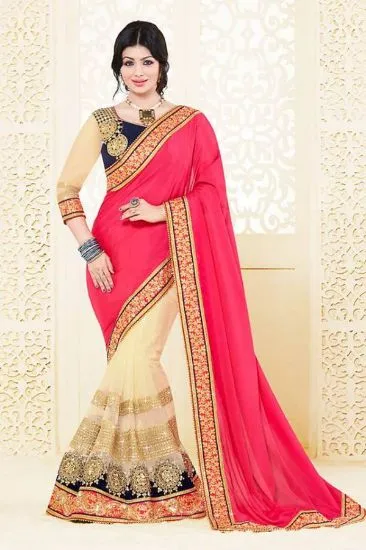 Picture of designer pink peach embroidered bollywood style sari s,