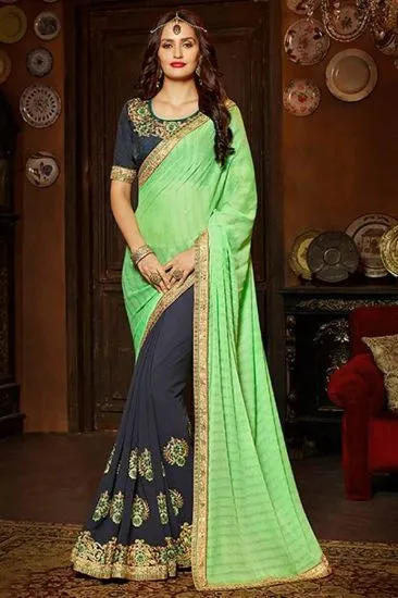Picture of ethnic indian green handmade saree crepe silk printed s