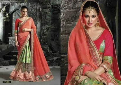 Picture of indian designer sari ethnic wedding wear pink & green ,