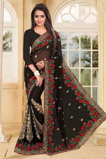 Picture of handmade indian saree pure crepe silk printed embroider