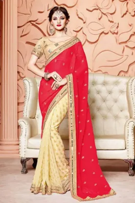 Picture of handmade saree pure silk woven cream orange craft sari,