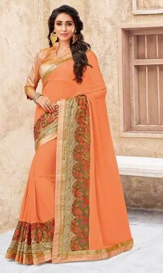 Picture of beige bollywood art silk saree pakistani party wear em,