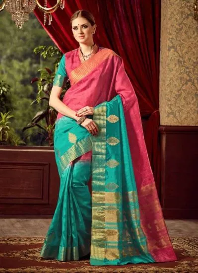 Picture of beige jacquard border bollywood designer sari banarasi,