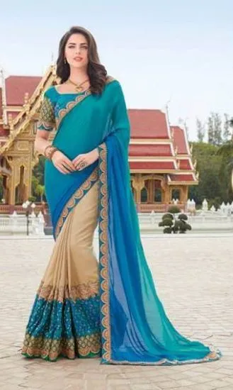Picture of poly georgette resham work saree green color bridal & ,