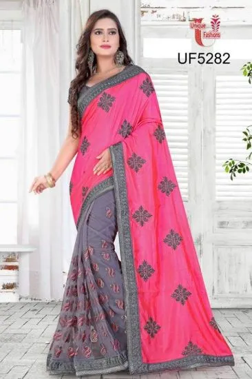 Picture of indian handmade red saree floral printed crepe silk sar