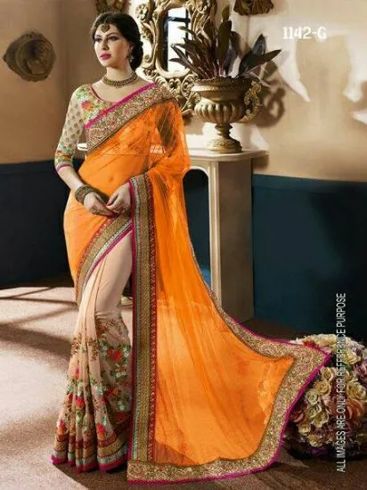 Picture of indian handmade saree abstract printed pure silk orange