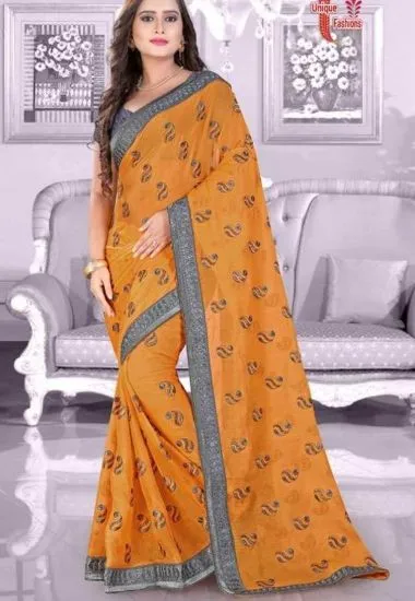 Picture of indian handmade saree pure silk orange scenery printed 