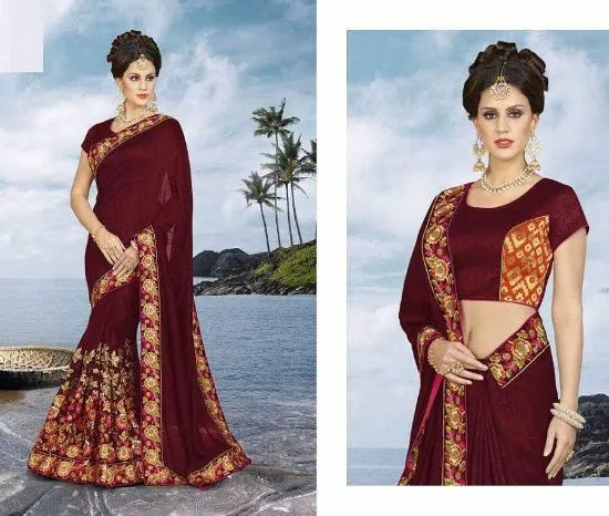 Picture of handmade floral printed polyester saree maroon dress ma
