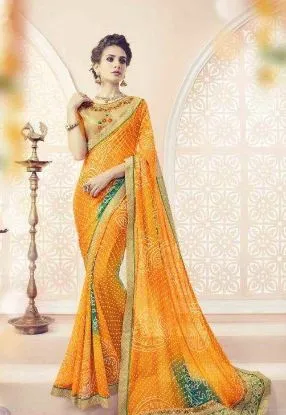 Picture of handmade indian floral printed orange pure silk saree u