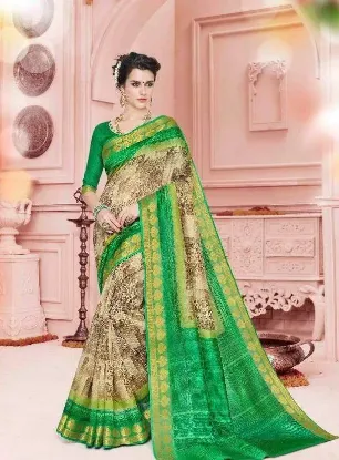 Picture of handmade indian green floral printed 100% silk saree us