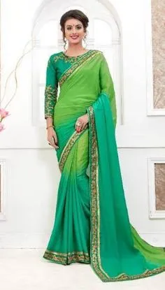 Picture of handmade indian green pure silk saree paisley printed e