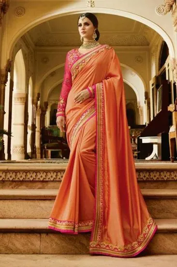 Picture of handmade indian pure silk saree nice printed orange use