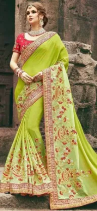 Picture of handmade pure silk green saree floral printed ethnic de
