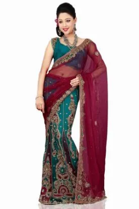 Picture of handmade bollywood sari satin silk fabric printed dress