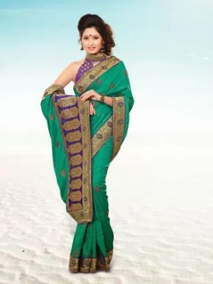Picture of handmade designer sari green embroidered dress silk ble