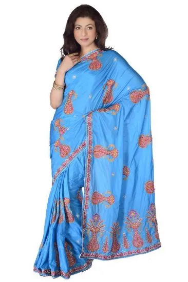 Picture of blue beautiful real moti work designer partyware saree,
