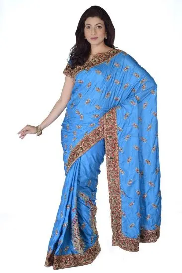 Picture of blue bollywood art silk saree indian festival wear emb,