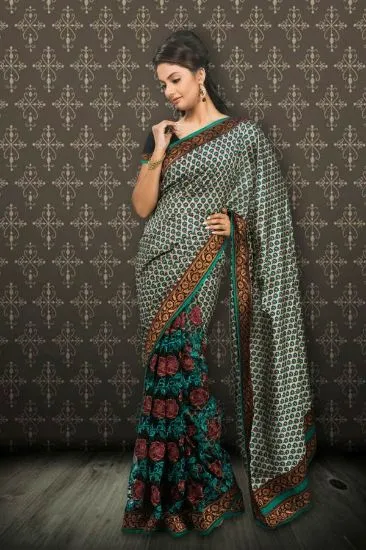 Picture of blue traditional mulmul cotton saree human figure prin,
