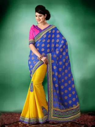 Picture of bollywood tussar silk yellow sari blouse indian tradit,