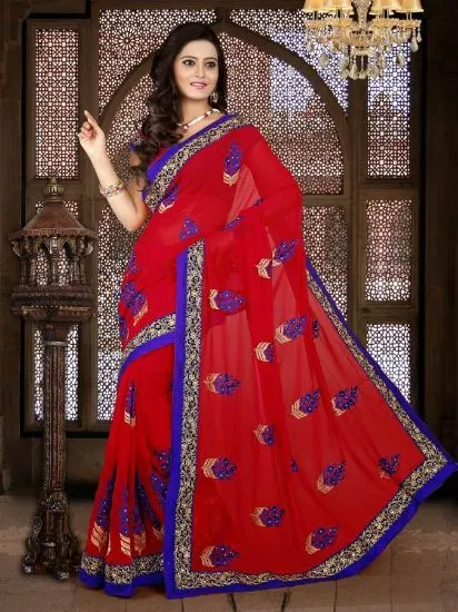 Picture of indian bollywood designer saree with ghicha work on pa,