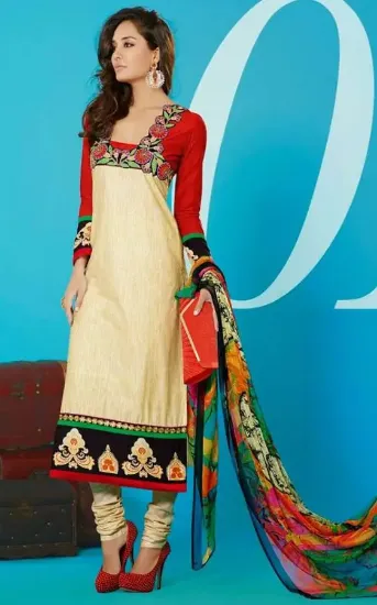 Picture of indian designer embroidered white cotton salwar kameez 