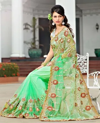 Picture of indian designer off white zari work bollywood sari raw,